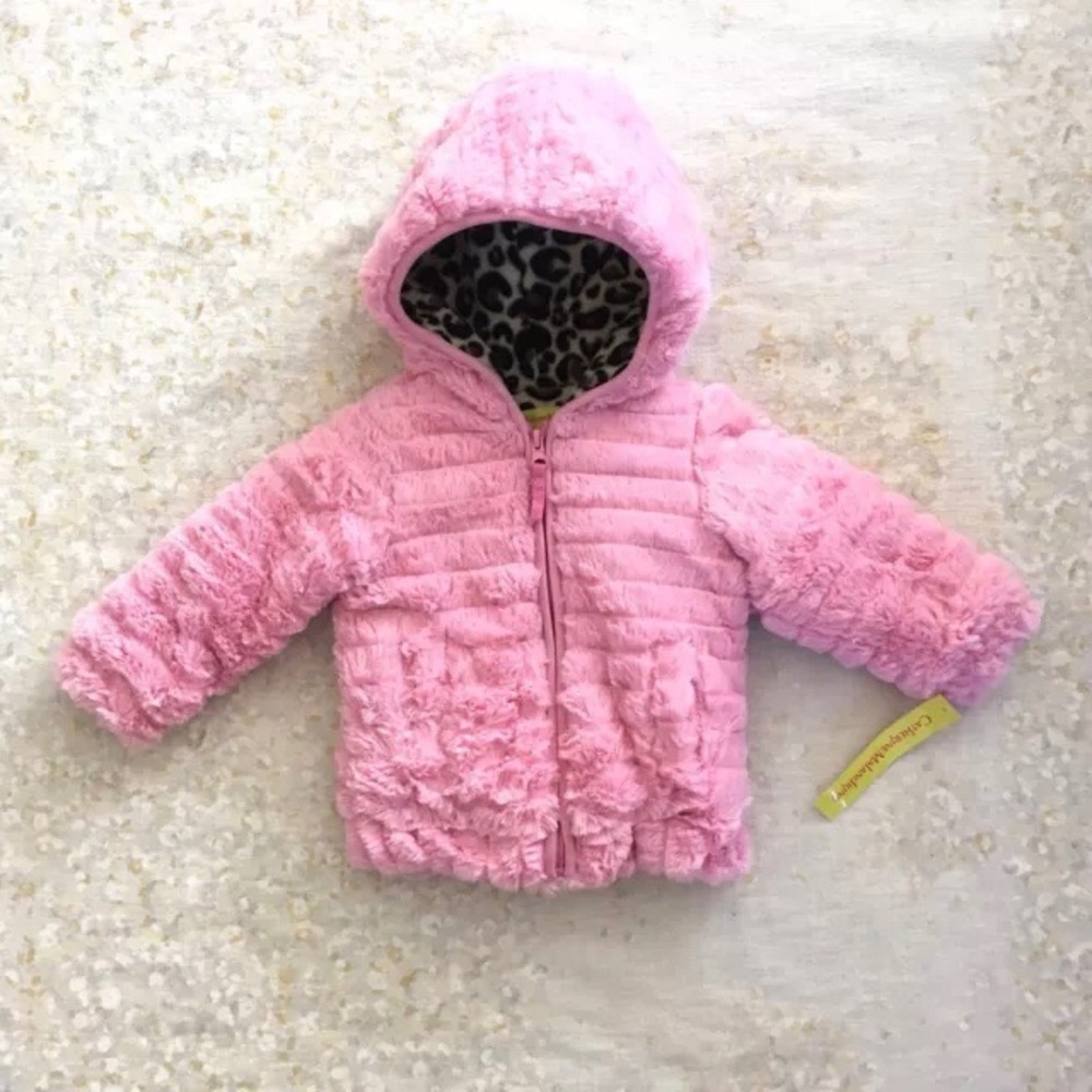 NWT Catherine Malandrino Baby Girl 12M Hooded Faux Fur Jacket Coat Pink J1CM835H - Picture 1 of 7